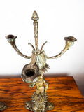 Antique 19th C Gilt Metal Figural Triple Candelabra Warriors Sword Helmet Shield