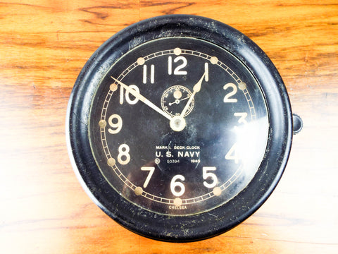 Vintage WW2 Chelsea Mark I Deck Clock Bakelite US Navy Black Face 1943  Mounted